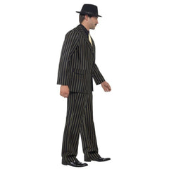 Men’s gold pinstripe gangster costume with jacket, trousers, and shirt front with tie for 1920’s themed events
