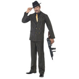 Men’s gold pinstripe gangster costume with jacket, trousers, and shirt front with tie for 1920’s themed events
