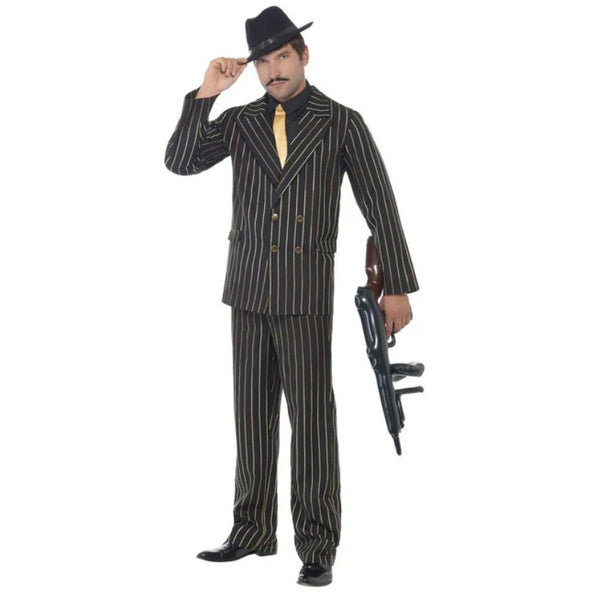 Men’s gold pinstripe gangster costume with jacket, trousers, and shirt front with tie for 1920’s themed events
