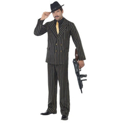 Men’s gold pinstripe gangster costume with jacket, trousers, and shirt front with tie for 1920’s themed events
