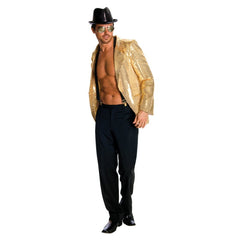 Adult wearing gold sequin jacket with button front and shimmering finish
