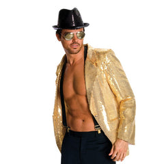 Adult wearing gold sequin jacket with button front and shimmering finish
