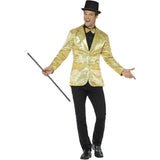Front view of an adult-sized gold sequin jacket with long sleeves, shimmering fabric, and a classic tailored fit, ideal for parties or performances