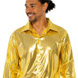 Close-up of gold disco shirt showing metallic sequin-look texture and oversized retro collar