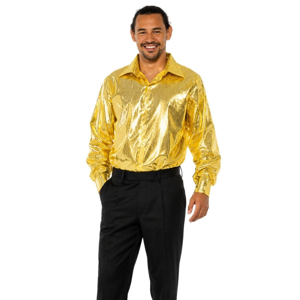 Men's gold disco shirt with metallic sequin-look print and retro 70s styling