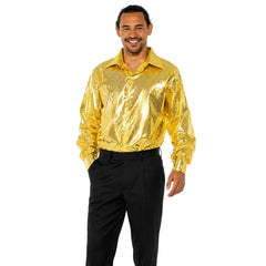 Men's gold disco shirt with metallic sequin-look print and retro 70s styling