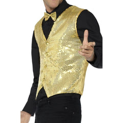 Gold Sequin Waistcoat, sequin button up front, satin back with tab.

