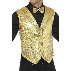 Gold Sequin Waistcoat, sequin button up front, satin back with tab.
