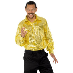 Gold Sequinned Disco Shirt with shimmering fabric in retro 70s style.