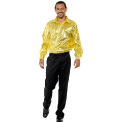 Gold Sequinned Disco Shirt with shimmering fabric in retro 70s style.