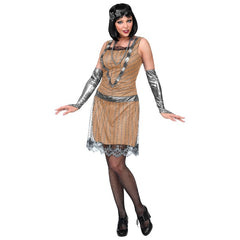 Gold and silver sequin flapper dress with lace trim, includes gloves and matching headband.
