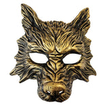Gold wolf half mask with 3D fur detail, ears, and snout, adult costume accessory