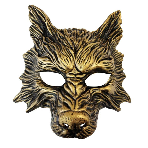 Gold wolf half mask with 3D fur detail, ears, and snout, adult costume accessory