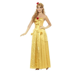 Golden Princess Ladies Costume - Gold, long yellow dress with peplum and feature roses.