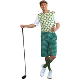 Adult golf pro costume featuring collared shirt, patterned trousers and matching socks