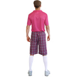 Back view of pink golf pro adult costume showing rear fit and pattern