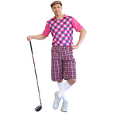 Front angle view of adult pink golf pro costume with patterned shorts and socks