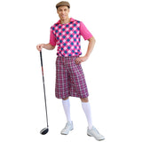 Pink golf pro adult costume featuring collared shirt, patterned shorts and matching socks