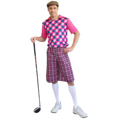 Pink golf pro adult costume featuring collared shirt, patterned shorts and matching socks