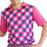 Close-up of pink golf pro costume shirt showing collar and vest detail