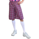 Close-up of pink check golf shorts and white socks
