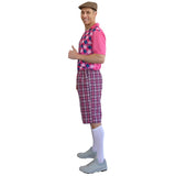 Side view of adult pink golf pro costume showing fit and silhouette