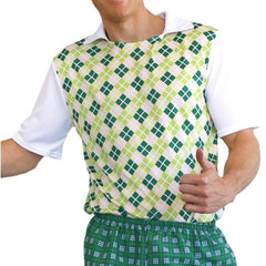 Adult golf pro costume featuring collared shirt, patterned trousers and matching socks