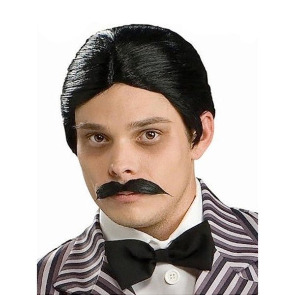 Officially licensed Gomez Addams adult wig and moustache costume accessory with slicked-back black hair for Halloween and Addams Family costumes.