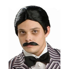 Officially licensed Gomez Addams adult wig and moustache costume accessory with slicked-back black hair for Halloween and Addams Family costumes.
