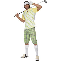 Men's Gone Golfing Costume with green plaid pants, shirt, visor, and glove