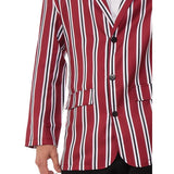 Good Time Sam Roaring 20's Adult Costume, red stripe jacket, straw boater hat, bow tie.