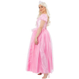 Side view of an adult Good Witch costume featuring a flowing pink gown and matching tiara for fantasy and Book Week dress-up.