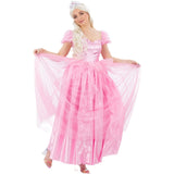 Woman in a pink princess dress with a white background