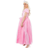 Person wearing a pink princess dress on a white background