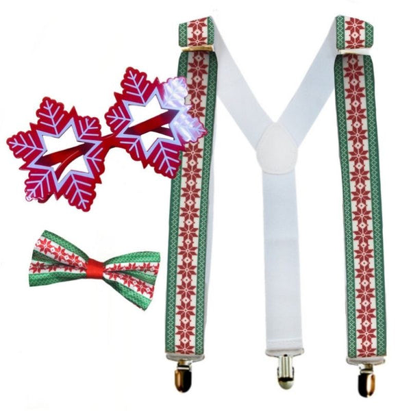 Goofy Xmas Accessory Kit – Snowflakes, including glasses, suspenders, and bow tie for fun Christmas outfits.