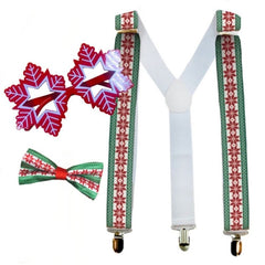 Goofy Xmas Accessory Kit – Snowflakes, including glasses, suspenders, and bow tie for fun Christmas outfits.