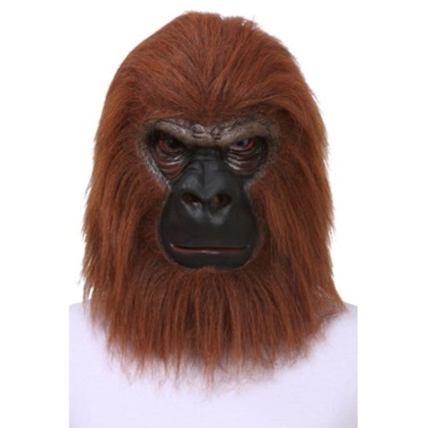 gorilla face mask, full head overage, with brown fur.