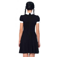 Gothic daughter costume with black dress and white collar for hire in Brisbane