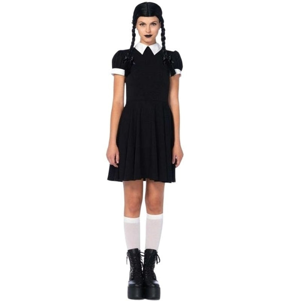 Gothic daughter costume with black dress and white collar for hire in Brisbane