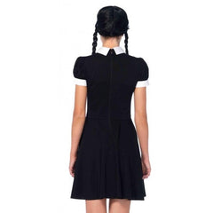 Black gothic dress with white collar front view hire costume