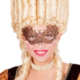 Person wearing a blonde wig, ornate mask, and pearl necklace on a white background