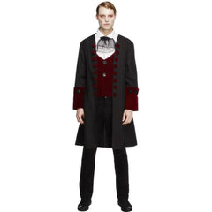 Men’s Gothic Vamp Costume with long black coat, burgundy cuffs, mock waistcoat, and cravat – vampire fancy dress outfit