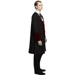 Men’s Gothic Vamp Costume with long black coat, burgundy cuffs, mock waistcoat, and cravat – vampire fancy dress outfit