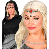 Ornate black gothic crown with red jewel for fantasy and vampire costumes