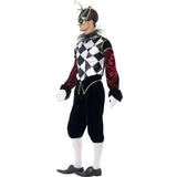 Person wearing a black, white, and red jester costume on a white background