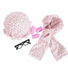 Grandma Accessory Set for adults with bonnet, scarf, glasses and pink rollers