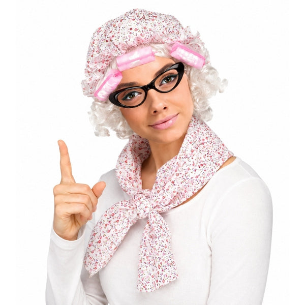 Grandma Accessory Set for adults with bonnet, scarf, glasses and pink rollers