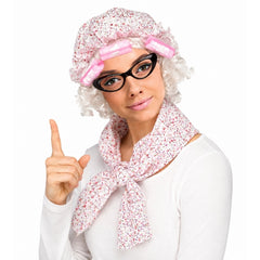 Grandma Accessory Set for adults with bonnet, scarf, glasses and pink rollers