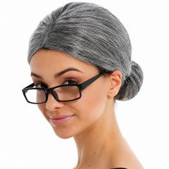 Grey grandma wig with a classic bun for old lady and grandmother costumes.