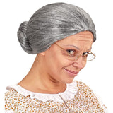 Grey grandmother wig with traditional bun hairstyle for old lady and character costumes